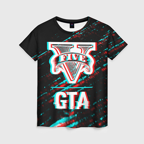 Женская футболка GTA в стиле glitch и баги графики на темном фоне / 3D-принт – фото 1