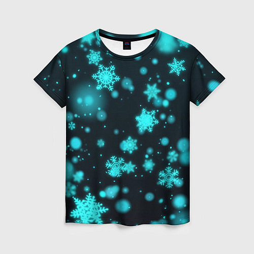 Женская футболка Неоновые снежинки на черном фоне / 3D-принт – фото 1