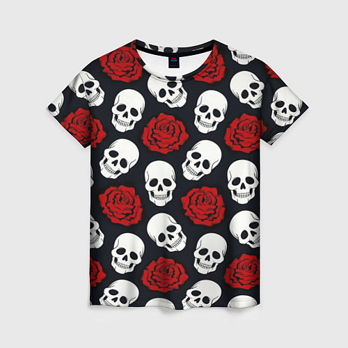 Женская футболка Весёлые черепки и розы / 3D-принт – фото 1
