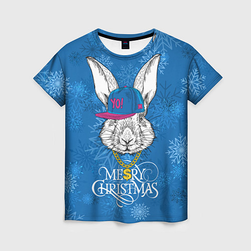 Женская футболка Merry Christmas, rabbit in cap / 3D-принт – фото 1