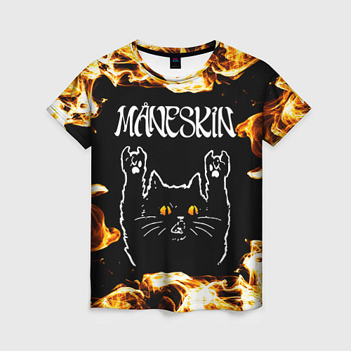 Женская футболка Maneskin рок кот и огонь / 3D-принт – фото 1