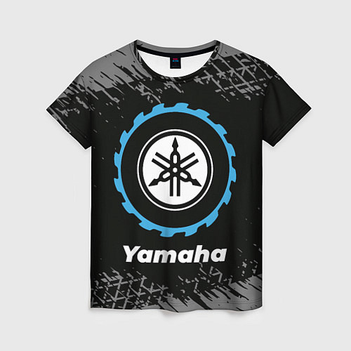 Женская футболка Yamaha в стиле Top Gear со следами шин на фоне / 3D-принт – фото 1