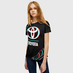 Футболка женская Значок Toyota в стиле glitch на темном фоне, цвет: 3D-принт — фото 2