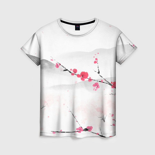 Женская футболка Японский пейзаж, начало весны / 3D-принт – фото 1
