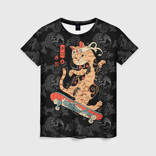 Женская футболка Кот самурай на скейтборде / 3D-принт – фото 1