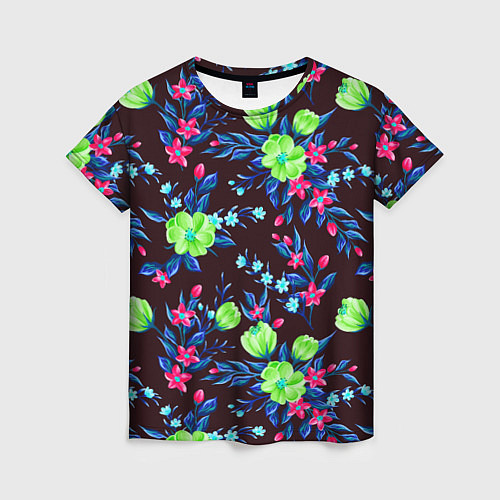 Женская футболка Неоновые цветы - паттерн / 3D-принт – фото 1