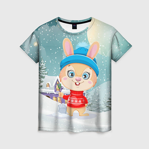 Женская футболка Зайка чистит снег / 3D-принт – фото 1