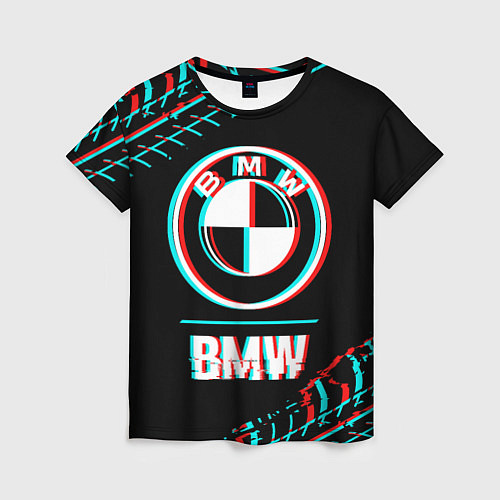 Женская футболка Значок BMW в стиле glitch на темном фоне / 3D-принт – фото 1