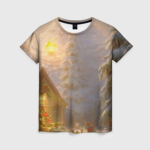 Женская футболка Деревенский бревенчатый дом в лесу, украшенный к Н / 3D-принт – фото 1