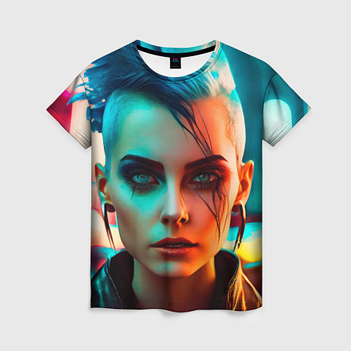 Женская футболка Нейросеть - девушка в стиле киберпанк / 3D-принт – фото 1