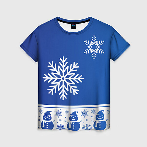 Женская футболка Снеговики в снежинках синие / 3D-принт – фото 1