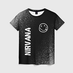 Женская футболка Nirvana glitch на темном фоне: надпись, символ