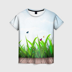Женская футболка Летняя трава и бабочки
