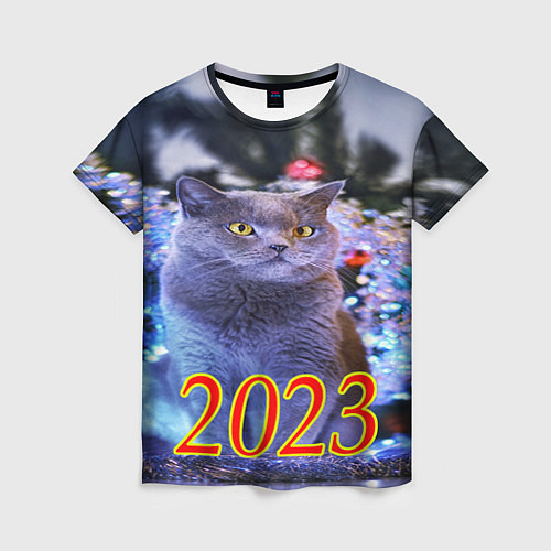 Женская футболка Дымчатый кот и елка / 3D-принт – фото 1