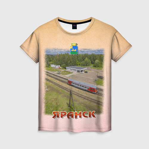 Женская футболка Яранск - рельсовый автобус и городская площадь / 3D-принт – фото 1