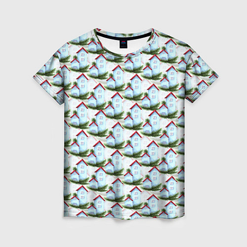 Женская футболка Домики на еловых ветках - паттерн / 3D-принт – фото 1