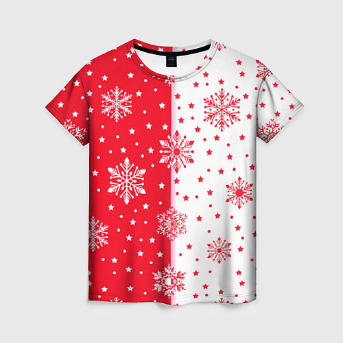 Женская футболка Рождественские снежинки на красно-белом фоне / 3D-принт – фото 1