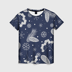 Женская футболка Зимние ягоды и шишки на синем фоне