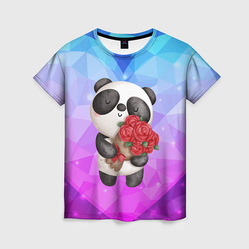 Женская футболка Панда с букетом цветов / 3D-принт – фото 1