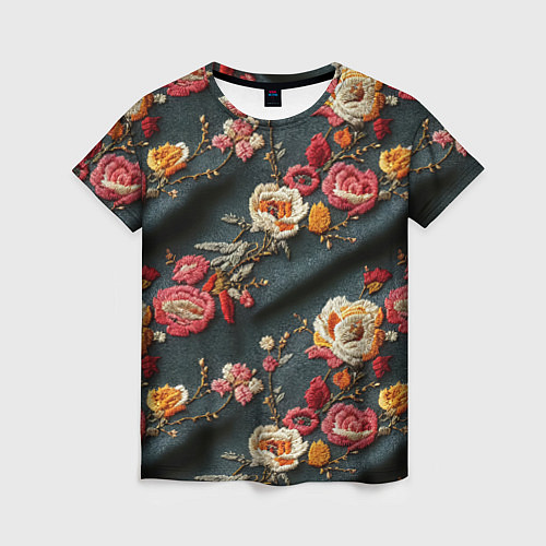 Женская футболка Эффект вышивки разные цветы / 3D-принт – фото 1