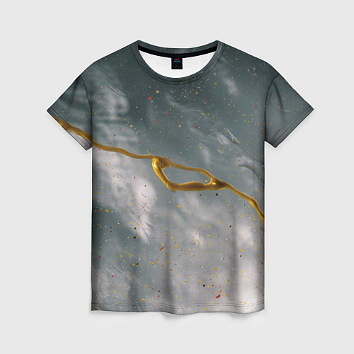 Женская футболка Абстрактный серо-белый туман и золотая краска / 3D-принт – фото 1