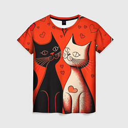 Женская футболка Влюблённые кошки на красном фоне