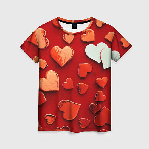 Женская футболка Красные сердца на красном фоне / 3D-принт – фото 1