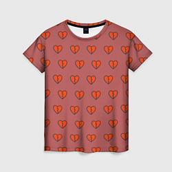 Женская футболка Разбитые сердца на бордовом фоне
