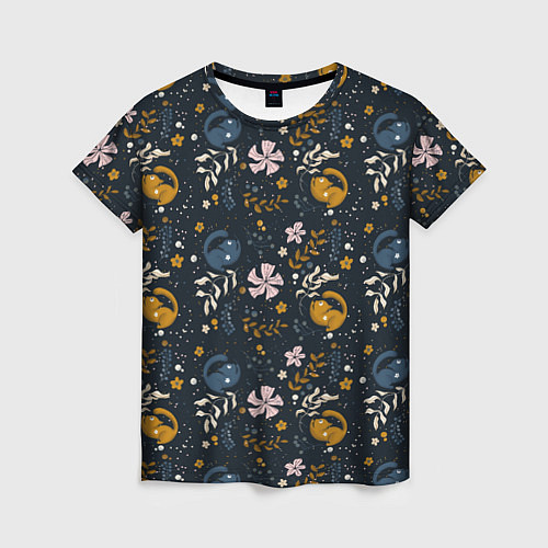 Женская футболка Растительный паттерн с котиками / 3D-принт – фото 1