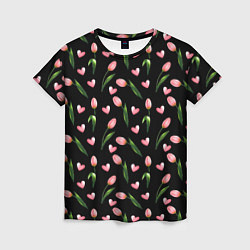 Женская футболка Тюльпаны и сердечки на черном - паттерн