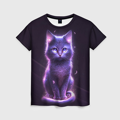 Женская футболка Неоновый котик в лесу / 3D-принт – фото 1