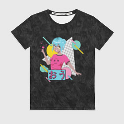 Футболка женская Веселая и приветливая аниме девушка с голубыми вол, цвет: 3D-принт