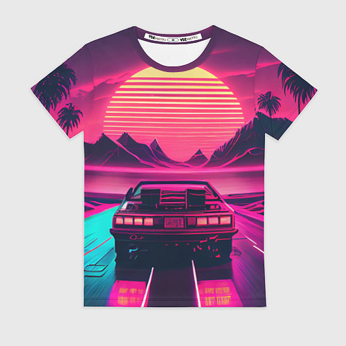 Женская футболка Синтвейв закат и автомобиль / 3D-принт – фото 1