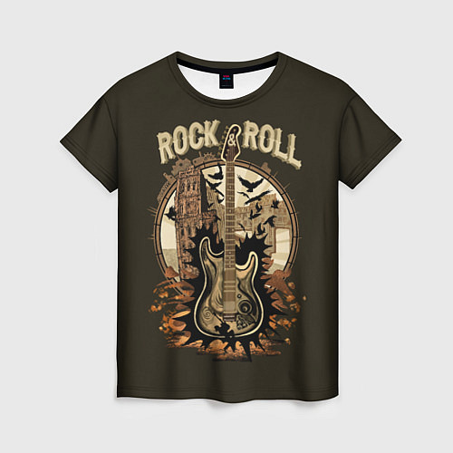 Женская футболка Эмблема с гитарой и старым городом / 3D-принт – фото 1