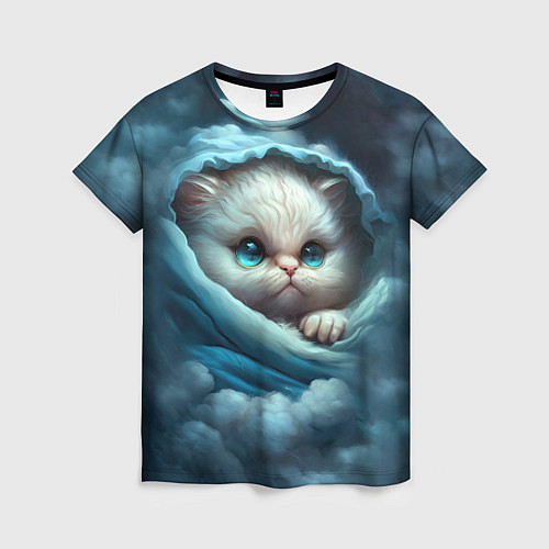 Женская футболка Котик в одеяльце в облаках / 3D-принт – фото 1