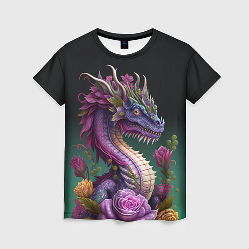 Женская футболка Неоновый дракон с цветами / 3D-принт – фото 1