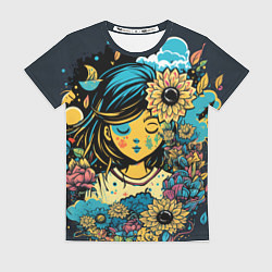 Футболка женская Красивая девушка и цветы, цвет: 3D-принт