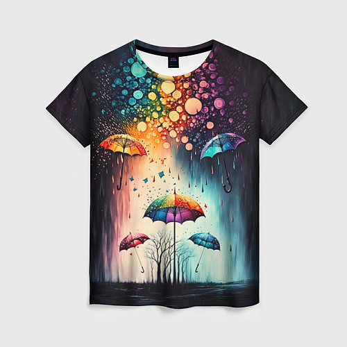 Женская футболка Яркие зонтики под дождем / 3D-принт – фото 1