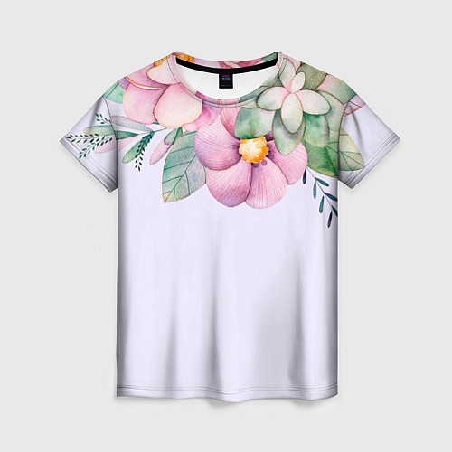 Женская футболка Пастельные цветы акварелью - наверху / 3D-принт – фото 1
