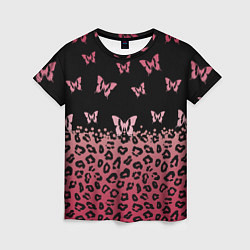 Женская футболка Леопардовый паттерн и бабочки на пурпурно-черном ф