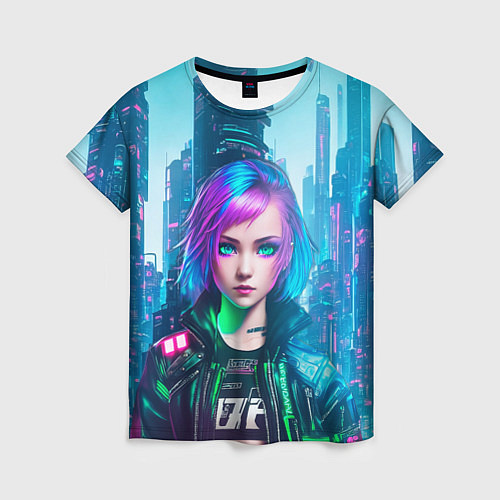 Женская футболка Девушка в стиле киберпанк на фоне неонового города / 3D-принт – фото 1