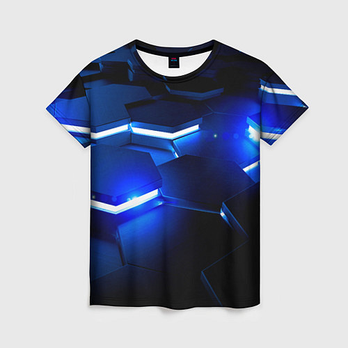 Женская футболка Металлические соты с синей подсветкой / 3D-принт – фото 1