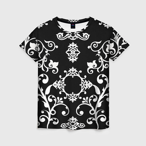 Женская футболка Белый семетричный узор на черном фоне / 3D-принт – фото 1