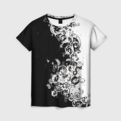 Женская футболка Черно-белые цветы и колибри