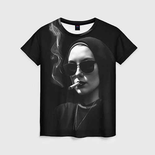 Женская футболка Монашка в черных очках с сигарой / 3D-принт – фото 1