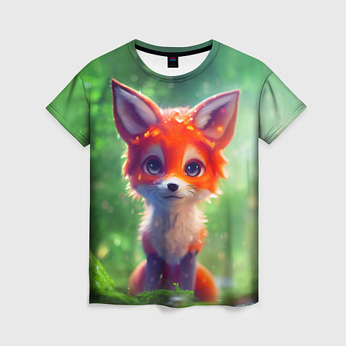 Женская футболка Рыжий лисенок под лесным дождем / 3D-принт – фото 1