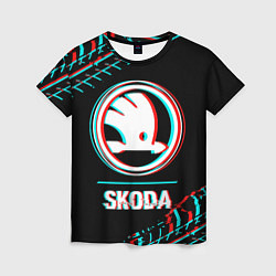 Футболка женская Значок Skoda в стиле glitch на темном фоне, цвет: 3D-принт