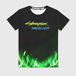 Женская футболка Cyberpunk 2077 phantom liberty green fire logo