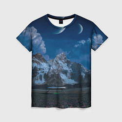 Женская футболка Ночные горы в природе и небо с нло