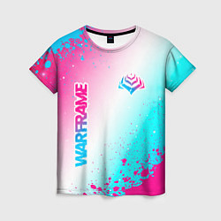 Женская футболка Warframe neon gradient style: надпись, символ